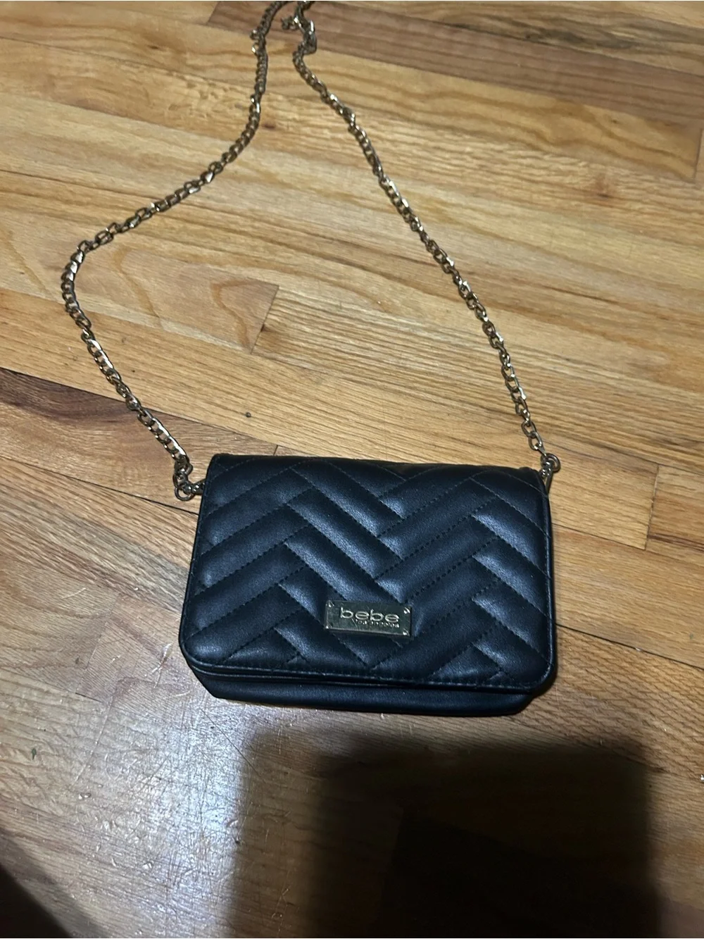 bebe Black Quilted Crossbody with Gold Chain